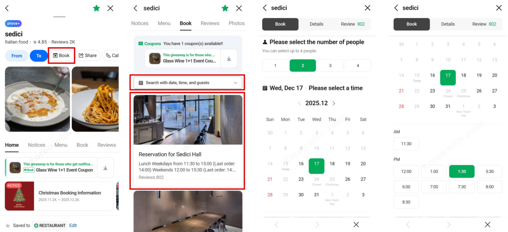 Naver Map restaurant reservation interface showing the booking tab, available reservation options, date and time selection calendar, and seating options.
