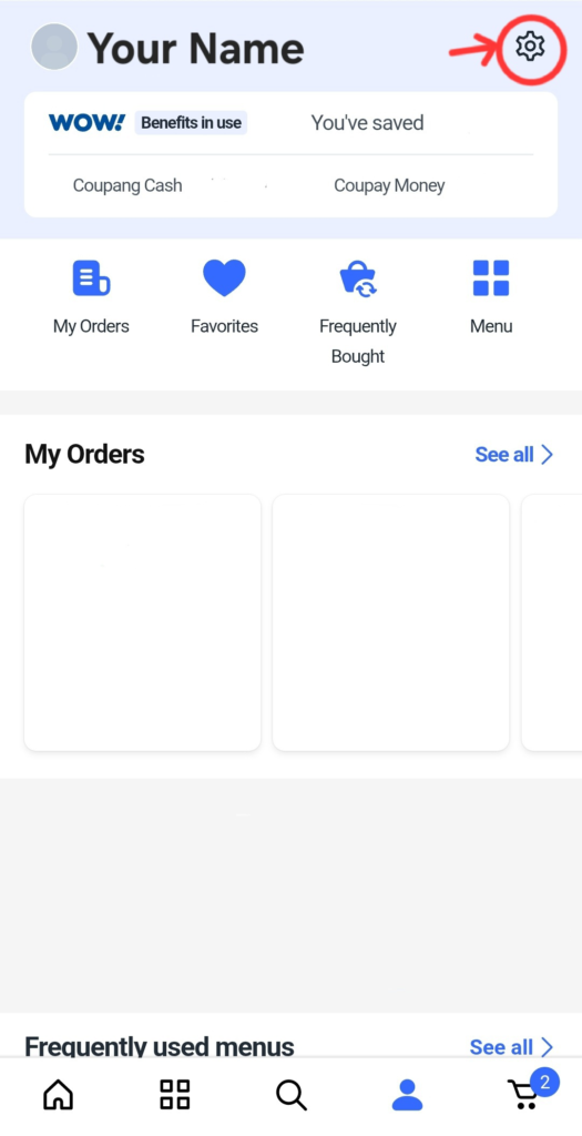Coupang app home screen showing the user profile page with the settings icon highlighted in the top right corner.
