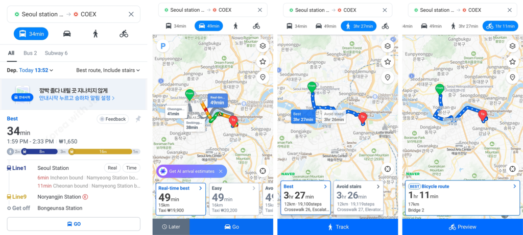 Naver Map route options displaying transit, driving, walking, and cycling directions between Seoul Station and COEX.