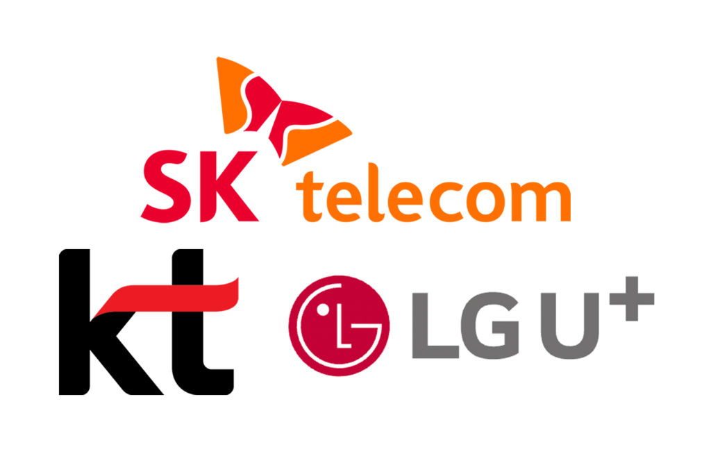 Logos of SK Telecom, KT, and LG U+, the three major mobile carriers in South Korea