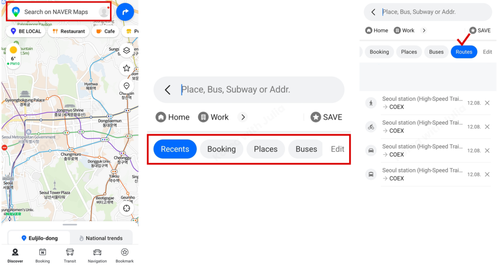 Naver Map search bar with tabs for Recents, Booking, Places, Buses, and Routes, showing saved route history.