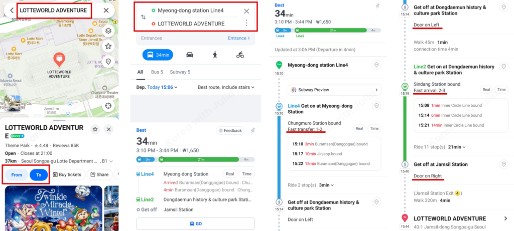 Naver Map subway navigation from Myeong-dong Station to Lotte World Adventure showing fast transfer, exit side, and fast arrival information.