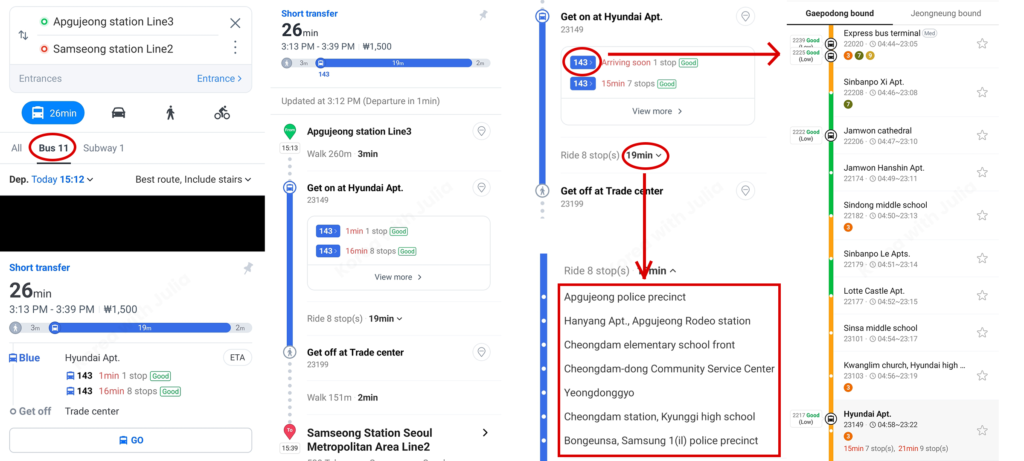 Naver Map city bus information from Apgujeong to Samseong Station showing bus arrival times, crowd levels, and list of stops.
