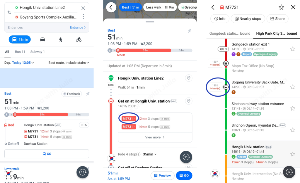 Naver Map express bus route from Hongik University to Goyang Sports Complex showing seat availability and stop list.