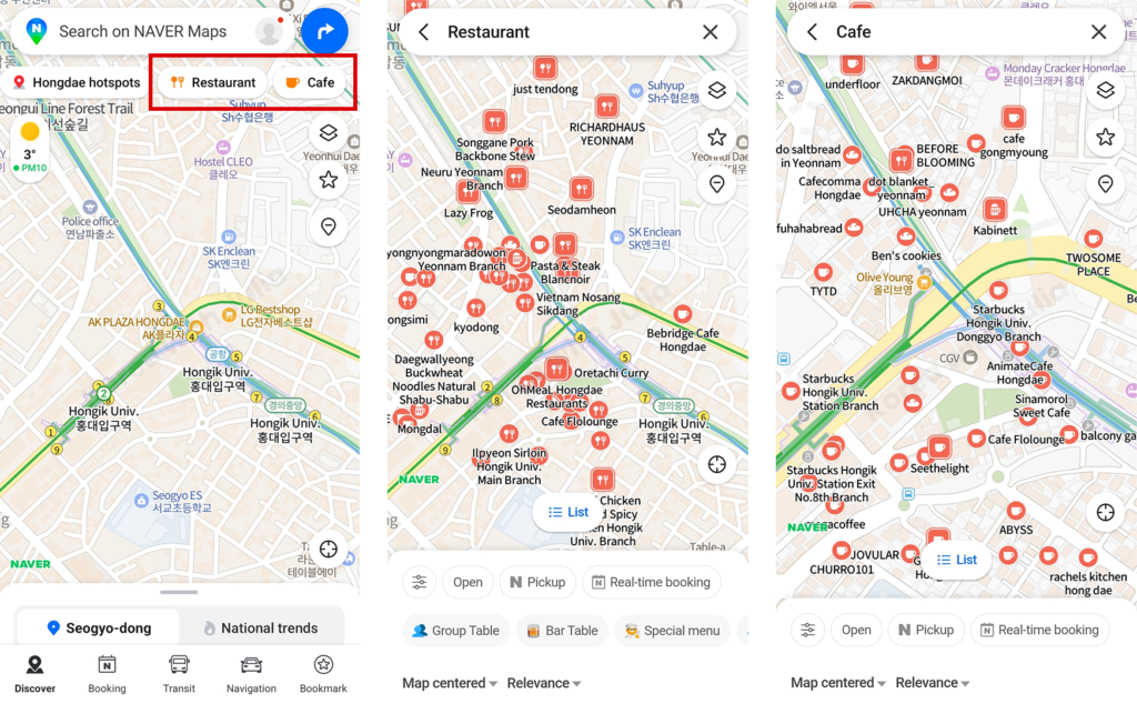 Naver Map showing Hongdae area with category shortcuts for Hotspots, Restaurant, and Cafe, and maps displaying clusters of restaurant and cafe icons.