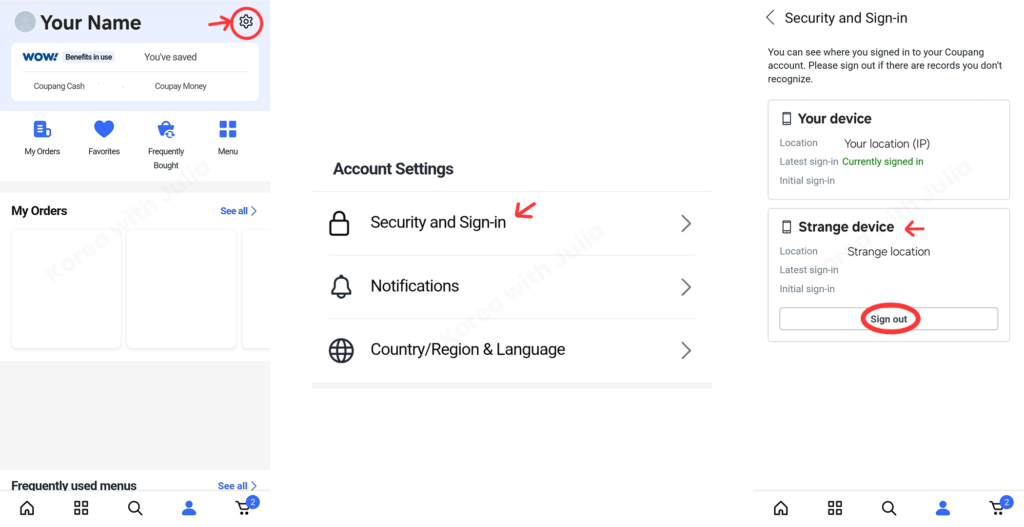 Three-step collage showing how to check device logins in the Coupang app.
Left: the Coupang home screen with the settings icon highlighted.
Middle: the Account Settings page with ‘Security and Sign-in’ selected.
Right: the Security and Sign-in page showing a listed ‘Strange device’ with a Sign Out button highlighted.