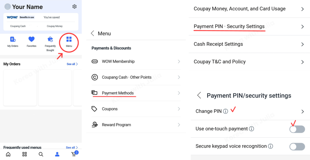 Three-panel collage showing how to change Coupang payment security settings.
Left: home screen with Menu icon highlighted.
Middle: Menu → Payment Methods section with ‘Payment PIN · Security Settings’ selected.
Right: the Payment PIN/security settings page with the ‘Use one-touch payment’ toggle highlighted.