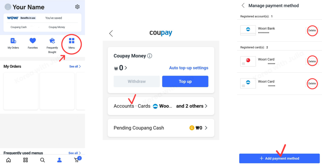 Three-panel collage showing how to manage Coupang payment methods.
Left: home screen with Menu icon highlighted.
Middle: Coupay payment page with the Accounts and Cards section selected.
Right: the Manage payment method page showing registered cards with Delete buttons and an option to Add payment method.