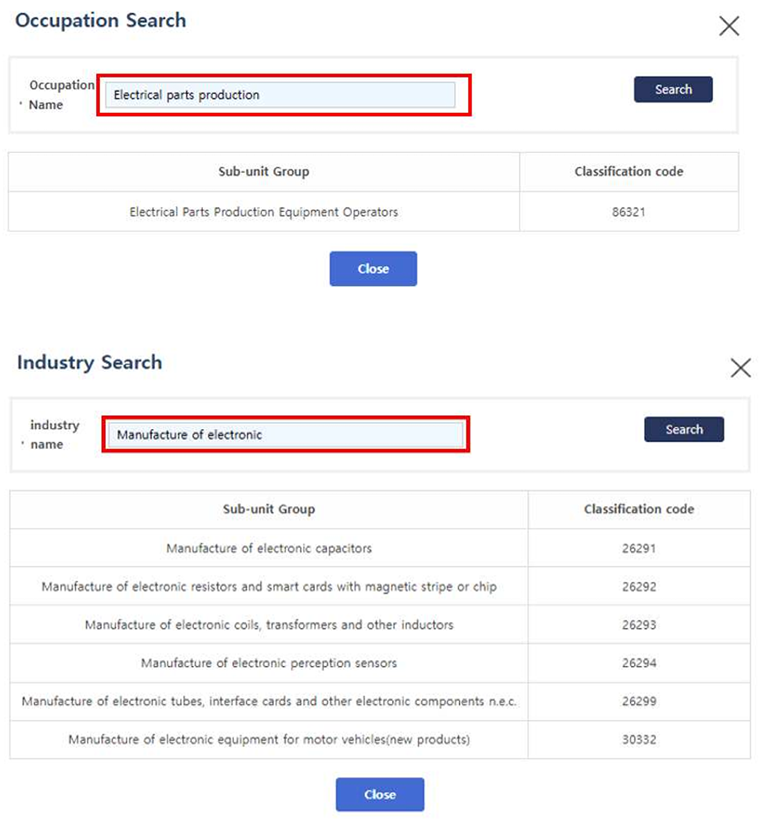 Occupation and industry search pop-up screens on the HiKorea website, showing example keyword searches for occupation (“Electrical parts production”) and industry (“Manufacture of electronic”), with corresponding classification results