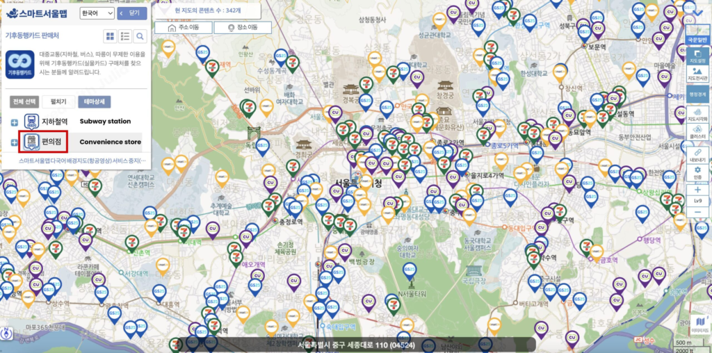 Smart Seoul Map showing multiple convenience store locations marked across Seoul