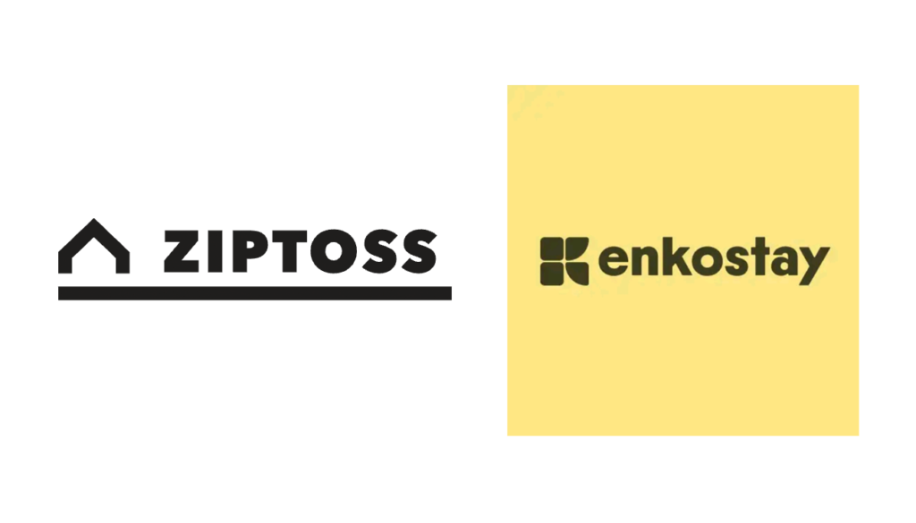 Logos of Ziptoss and Enkostay, real estate services in Korea designed for foreigners