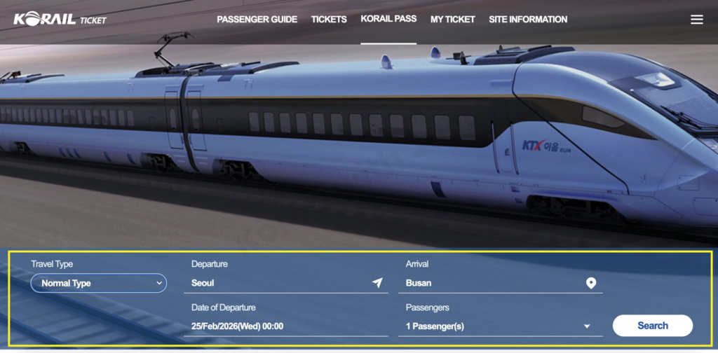 KORAIL ticket booking page showing travel type, departure, arrival, date, and passenger fields