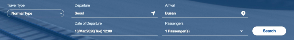 KORAIL train search results page showing departure date, passengers, and train filters