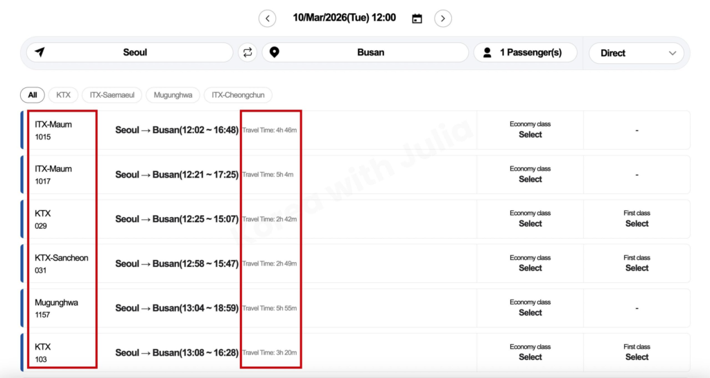 KORAIL train schedule list showing different train types and travel times from Seoul to Busan