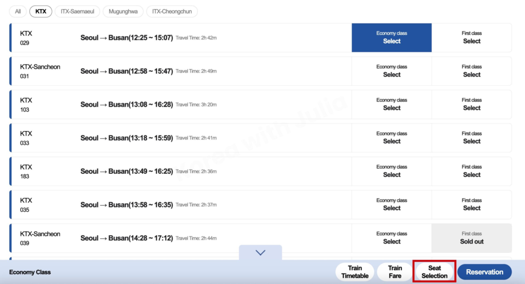 KTX schedule page with Seat Selection and Reservation options highlighted