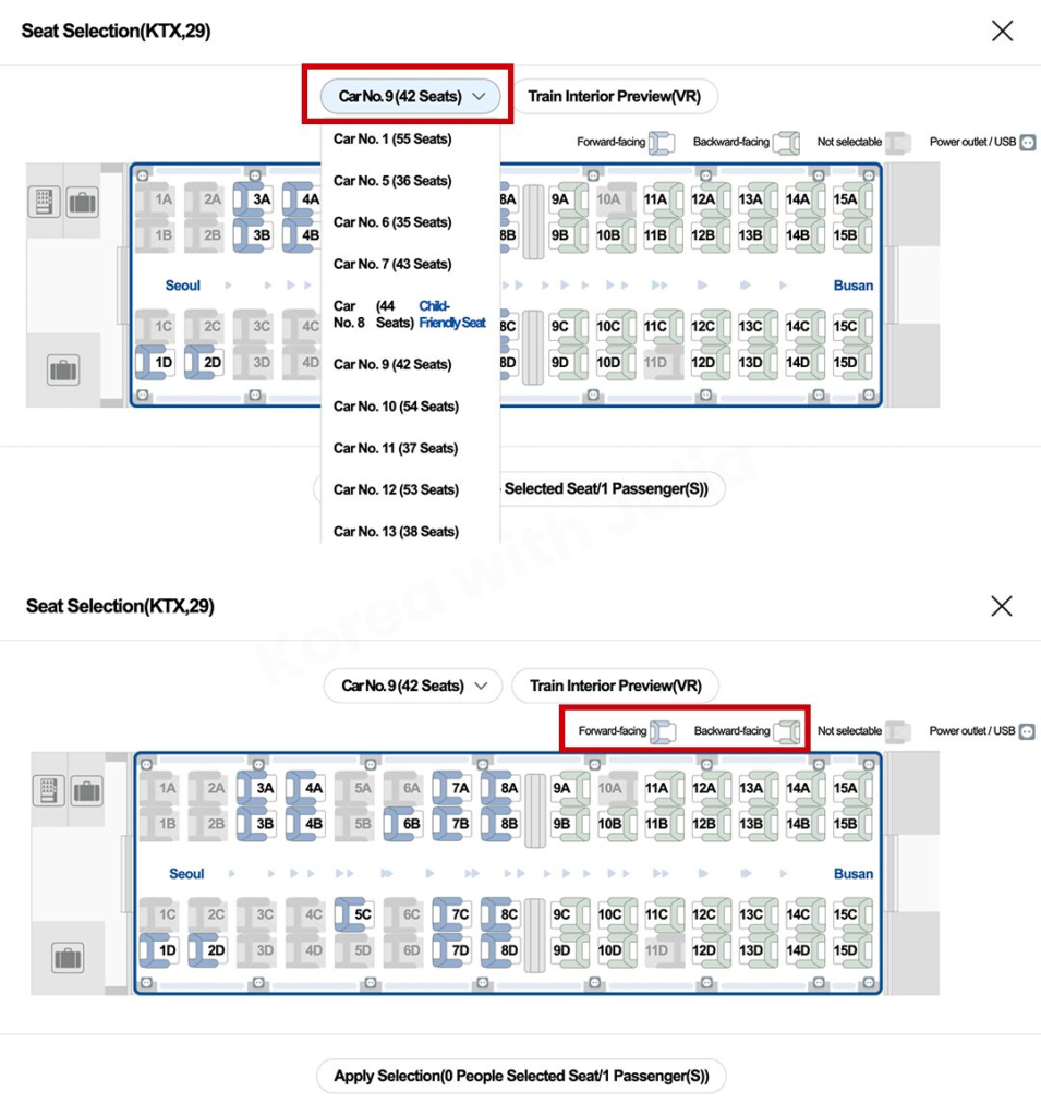 KTX seat selection page showing car number dropdown and forward- and backward-facing seat options