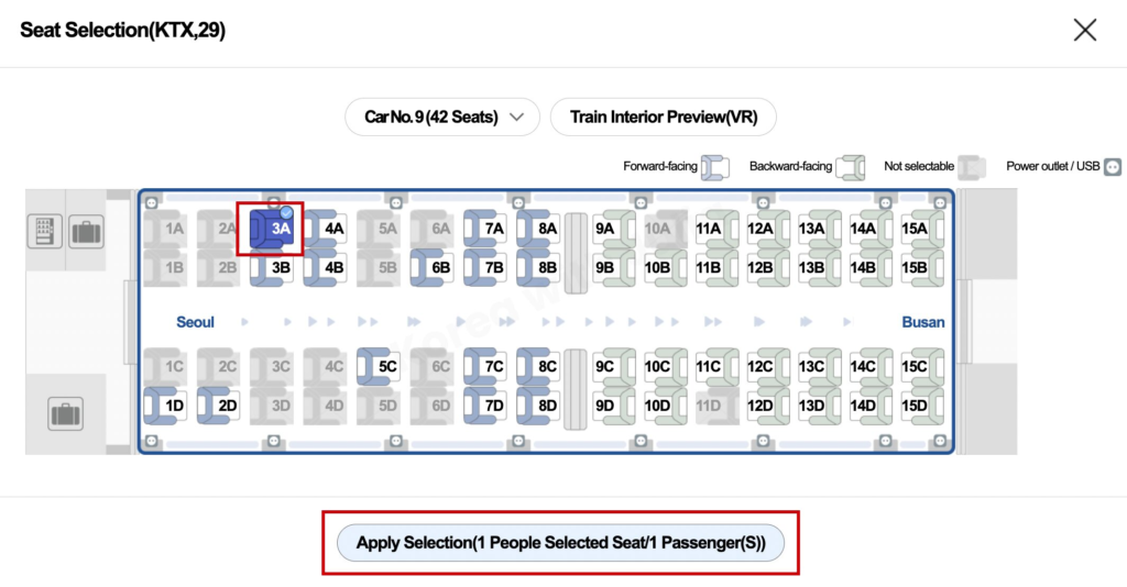 KTX seat map with selected seat and Apply Selection button