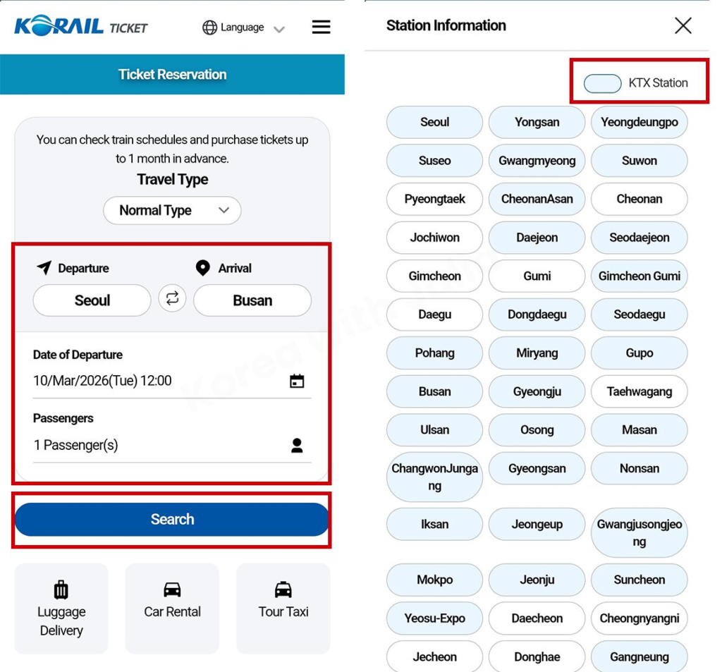 KORAIL ticket reservation page showing departure, arrival, date, passenger fields, and station information list