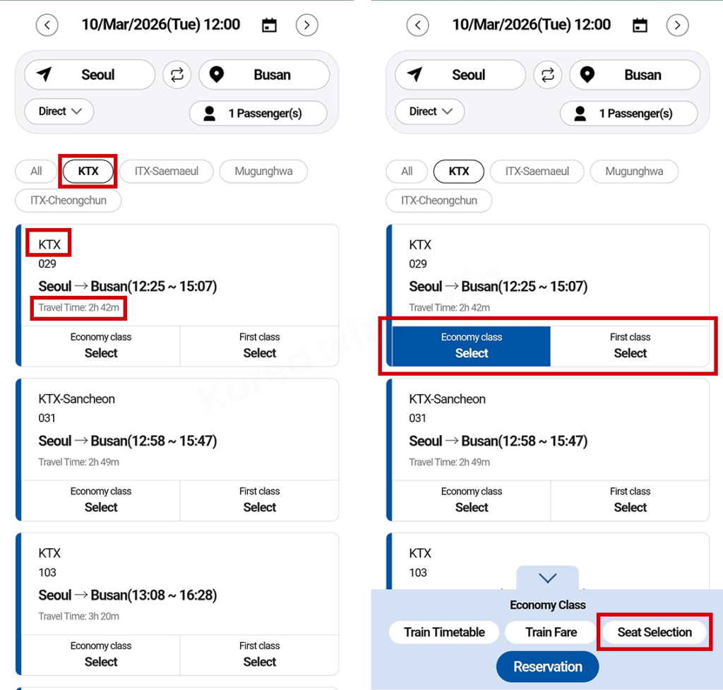 KORAIL train search results filtered for KTX showing travel time and economy and first selection buttons