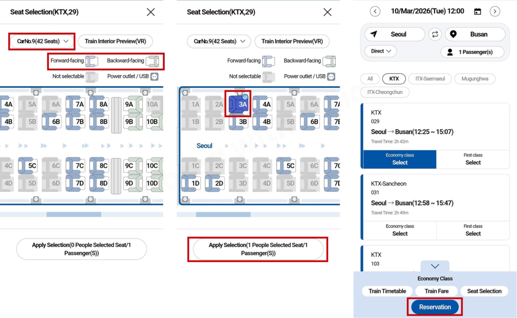 KTX seat selection page showing selected seat, Apply Selection button, and Reservation button