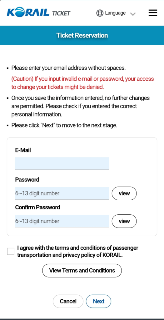KORAIL ticket reservation page with email and password instructions and account creation form