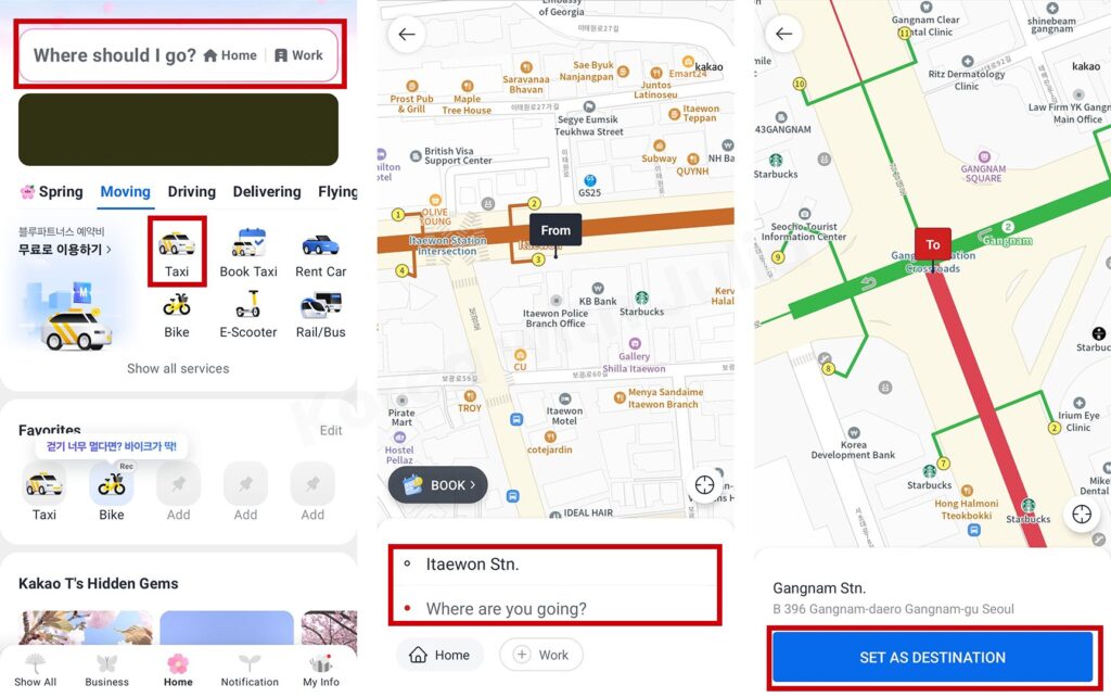 Kakao T app taxi booking screen showing search bar, taxi option, and route selection from Itaewon to Gangnam