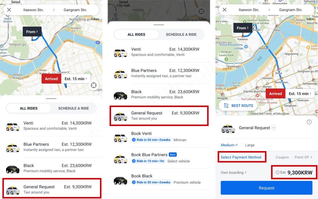 Kakao T app showing ride options, estimated fares, and payment method selection before requesting a taxi